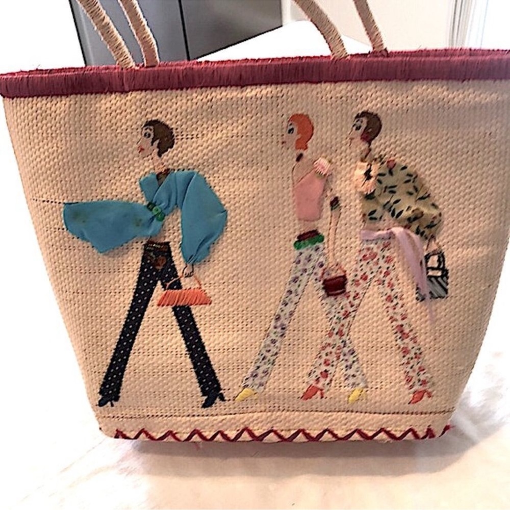 Vintage Fashionista Ladies Embellished Embroidered Appliqué Straw Bag - Picture 3 of 16